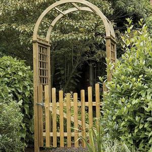 Wooden Arbour with Moon Gate