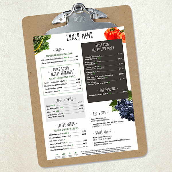 Take a look at Webbs Lunch time menu, Worcestershire