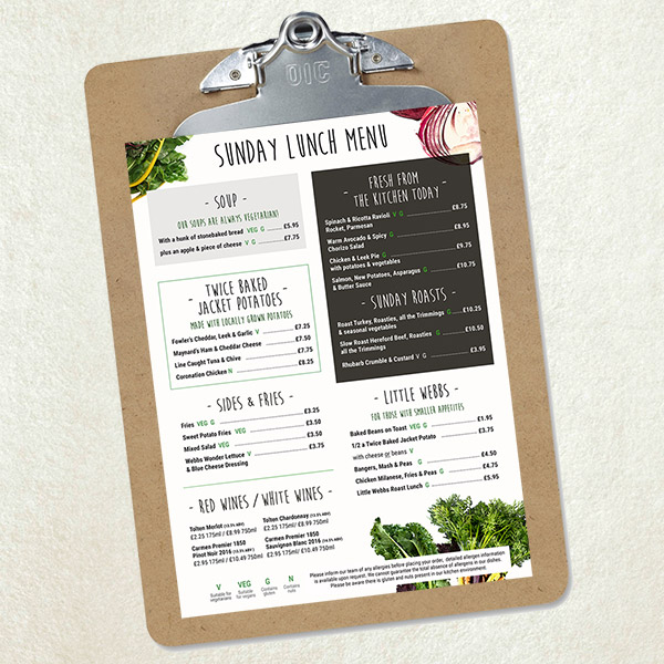Prepared fresh and served to your table, relax this Sunday with Webbs Lunch