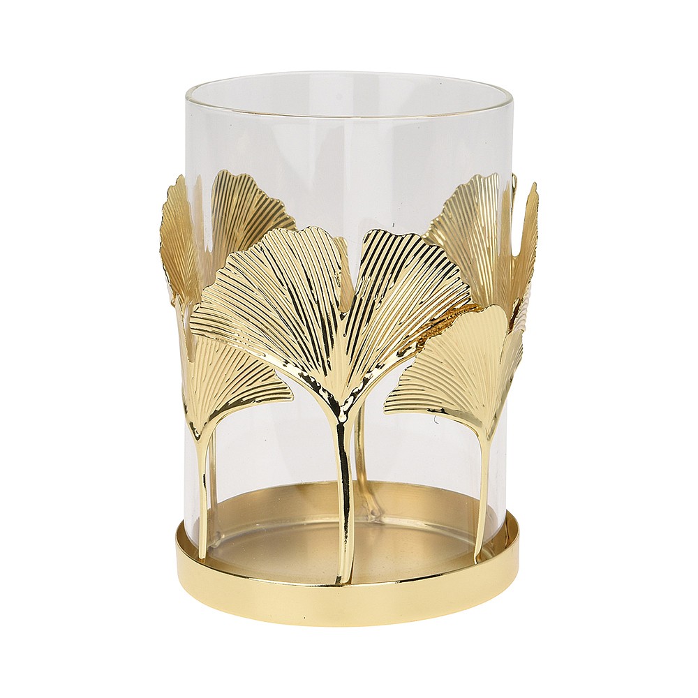 Gisela Graham Gold Genko Leaf Glass Tealight Holder Candle Sticks