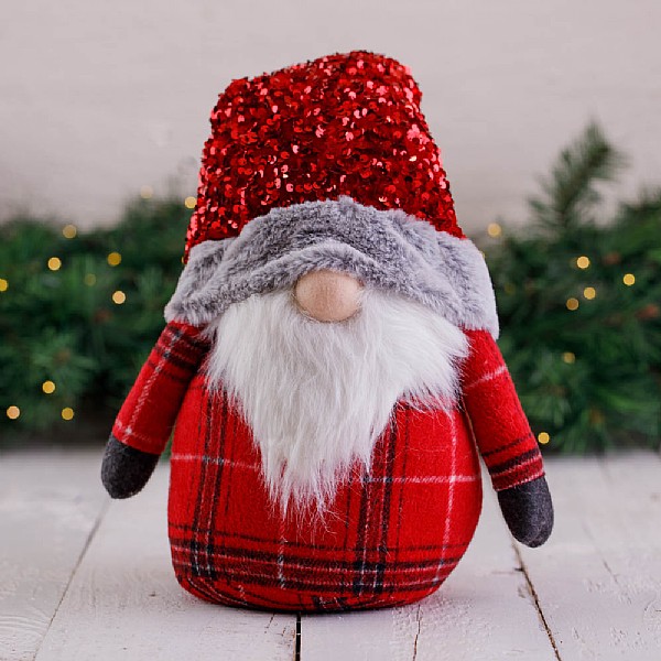 Large Red Sequin & Tartan Gnome Decoration