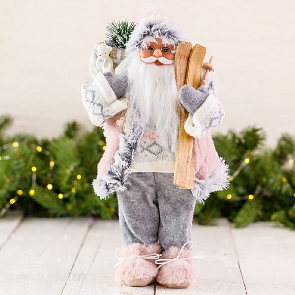 Standing Santa Decoration with Skis (41cm) - Pink | Christmas Ornaments and Figures | Webbs Garden Centres