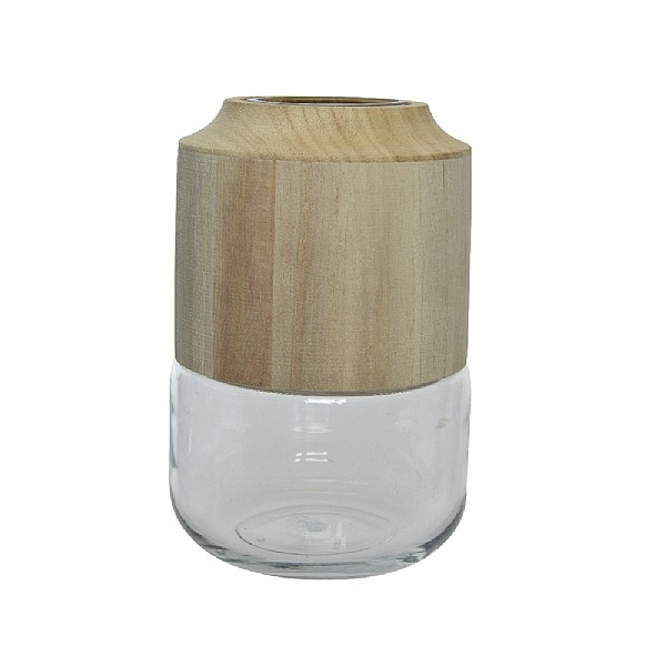 Transparent Clear Glass & Wood Vase 20cm