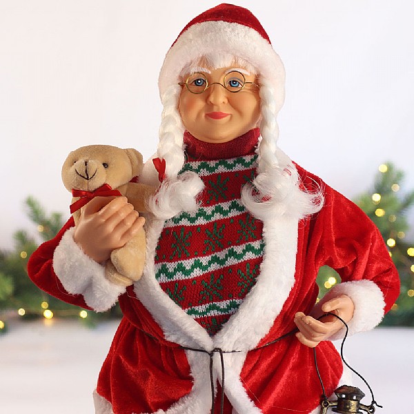 Standing Mrs Claus with Bear (60cm) - Red | Christmas Ornaments