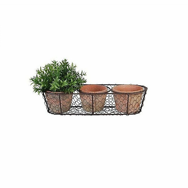 3 Aged Terracotta Pots in a Wire Basket