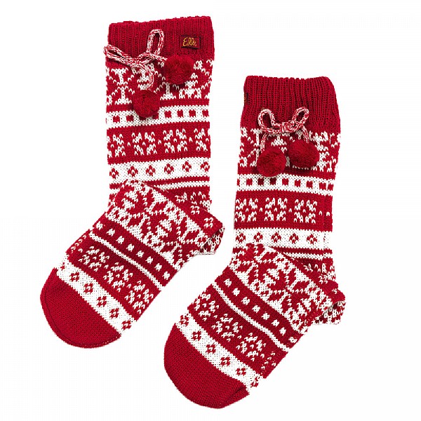 Fair Isle Slipper Socks with Pom Poms - Red