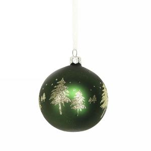 Gisela Graham Matt Forest Green Glass Bauble with Gold Trees 80mm