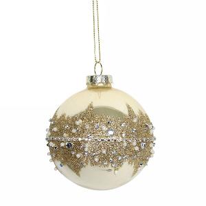 Gisela Graham Cream Glass Bauble with Diamante & Glitter Band 80mm