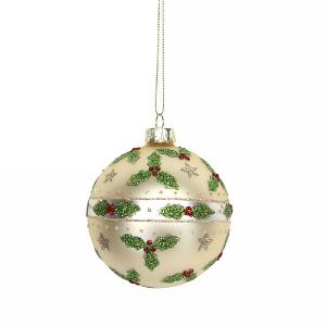 Gisela Graham Matt Gold Glass Bauble with Glitter Holly & Stars 80mm