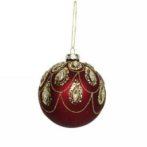 Gisela Graham Matt Cherry Red Glass Bauble with Gold Swags 80mm