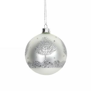 Gisela Graham Matt White Glass Bauble with Silver Glitter Trees 80mm