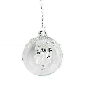 Gisela Graham Clear Glass Bauble with Mesh Leaves & Silver Glitter 80mm