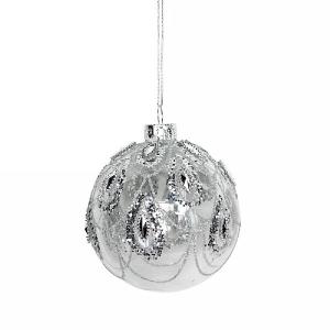 Gisela Graham Clear Glass Bauble with Silver Glitter Swags 80mm