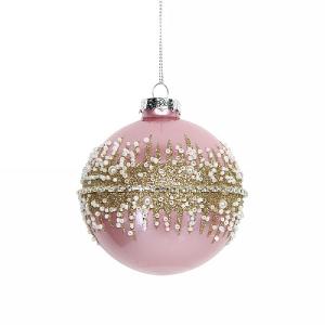 Gisela Graham Pink Glass Bauble with Crushed Glitter Band 80mm