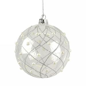 Gisela Graham Clear Bauble with Silver Glitter Trellis & Pearls 100mm