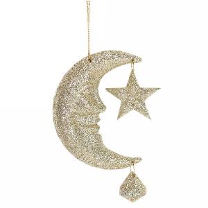 Gisela Graham Gold Glittered Acrylic Moon with Star Tree Decoration