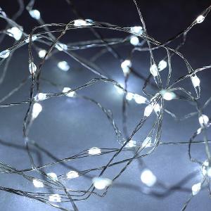 60 Cool White Micro LED Christmas Lights with Silver Cable (Battery Operated)