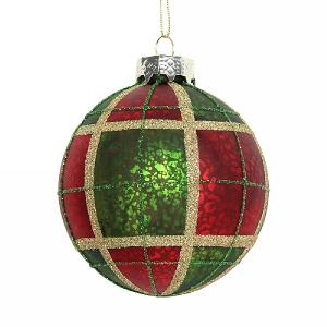Gisela Graham Red, Green & Gold Plaid Glass Bauble