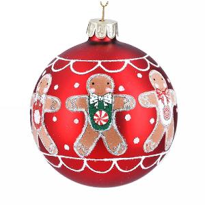 Gisela Graham Matt Red Glass Bauble with Gingerbread Men