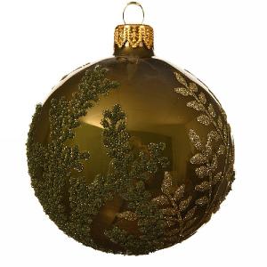 Decoris Moss Green Glitter Branches & Leaves Bauble 8cm