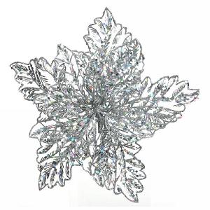 Decoris Silver Poinsettia with Glitter on Clip