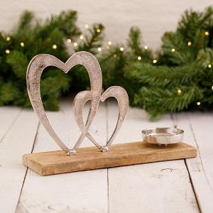 Twin Hearts Tealight Holder on Wooden Base