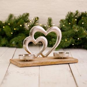 Twin Hearts 2 Tealight Holder on Wooden Base