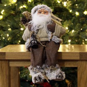 Brown Sitting Santa Figure with Welcome Sign - 40cm
