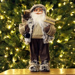 Brown Standing Santa Figure with Welcome Sign - 45cm