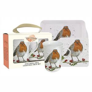 Bree Merryn Christmas Robin Fine China Mug, Coaster & Tray Set