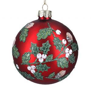 Gisela Graham Matt Red Glass Bauble with Leaves & White Berries