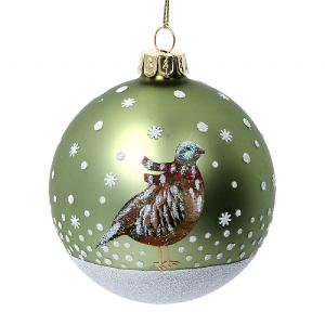 Gisela Graham Matt Green Glass Bauble with Partridge