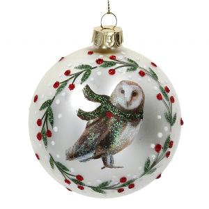 Gisela Graham Matt White Glass Bauble with Owl Wreath