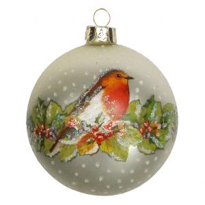 Gisela Graham Matt White Glass Bauble with Robin & Fruit
