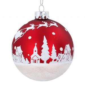 Gisela Graham Matt Red Glass Bauble with White Glitter Snow Scene