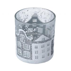 Gisela Graham Small Silver & White Houses Tealight Holder