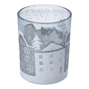 Gisela Graham Large Silver & White Houses Glass Tealight Holder