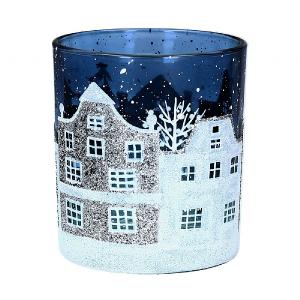 Gisela Graham Small Blue & White Glass Street Scene Tealight Holder