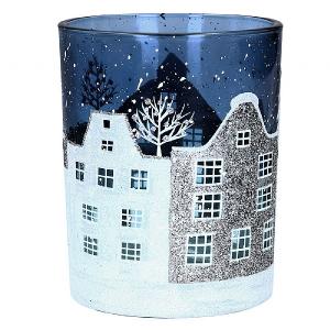 Gisela Graham Large Blue & White Glass Street Scene Tealight Holder