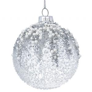 Gisela Graham Crushed Clear Glass Bauble with Silver Glitter Pearls