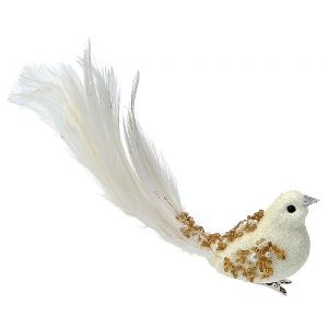 Gisela Graham Cream & Gold Poly Feather Bird Clip