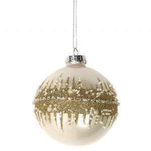 Gisela Graham Lacquered Cream Glass Bauble with Gold Glitter Band