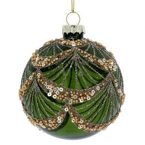 Gisela Graham Clear Green Glass Bauble with Gold Sequin Swags