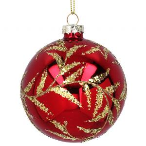 Gisela Graham Lacquered Red Glass Bauble with Gold Glitter Leaves