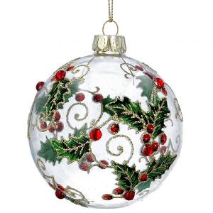 Gisela Graham Clear Glass Bauble with Diamante & Painted Holly