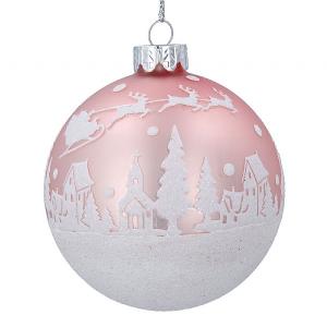 Gisela Graham Matt Pink Glass Bauble with Iridescent Glitter Snow Scene