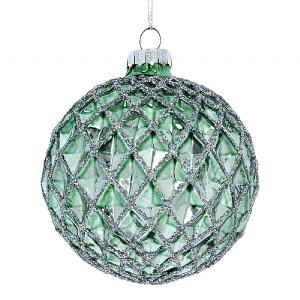 Gisela Graham Pale Green Dimpled Harlequin Bauble with Silver Glitter