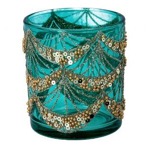 Gisela Graham Small Turquoise Glass Tealight Holder with Gold Sequin Swags