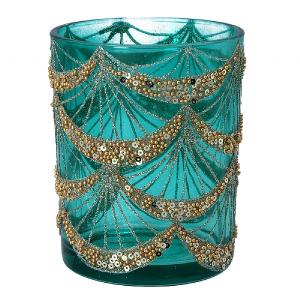 Gisela Graham Large Turquoise Glass Tealight Holder with Gold Sequin Swags