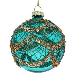 Gisela Graham Clear Turquoise Glass Bauble with Gold Sequin Swags